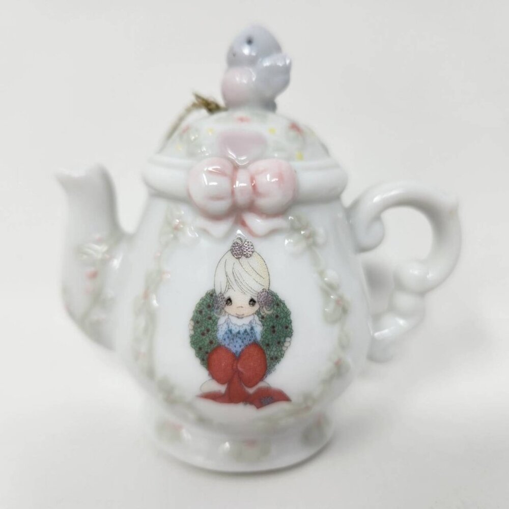 Vintage Precious Moments 1994 Mini Teapot Christmas Ornament With Girl & Bird De